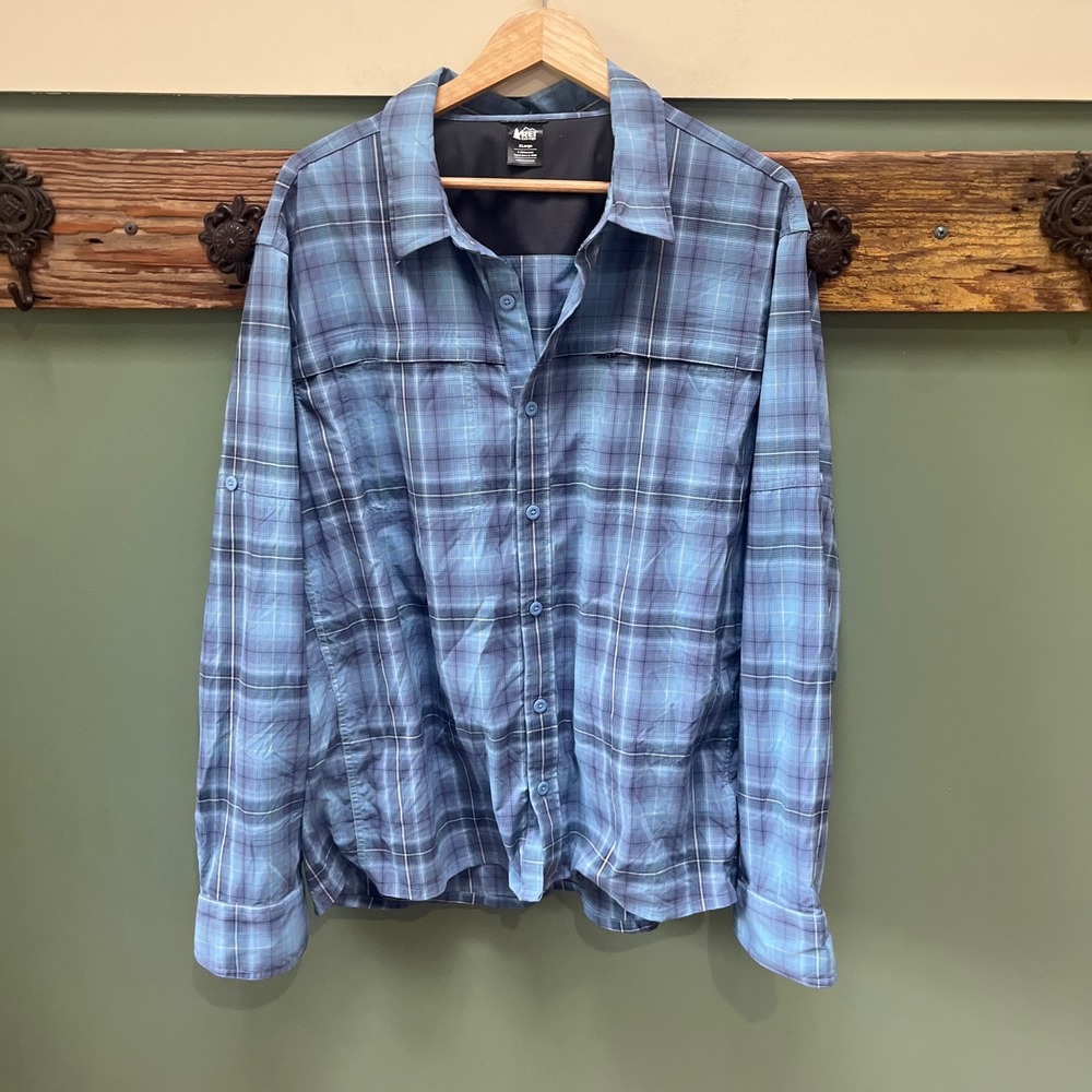 REI Co-op Sahara Mens XL Blue Plaid Long Sleeve Hiking Shirt Stretch Ventilated